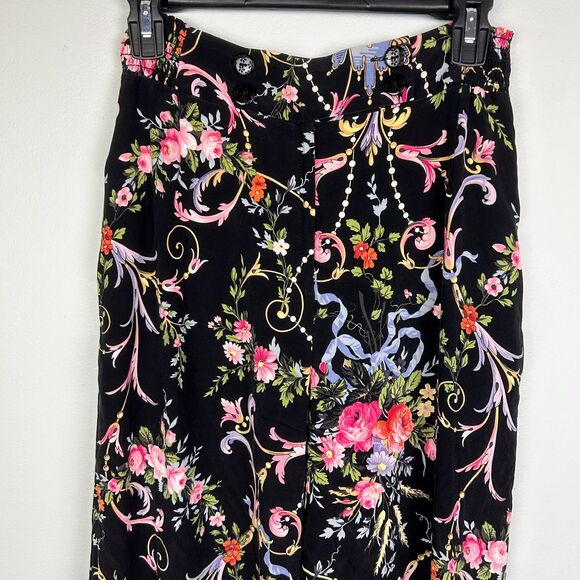 Betsey Johnson Collection 100% Silk Floral Wide Leg Pants Black Colorful Y2K 6 - Picture 3 of 16